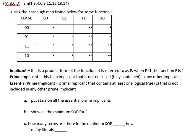 F(A,B,C,D) =m(1,3,4,6,9,11,12,13,14) Using the Karnaugh map frame below for some function F