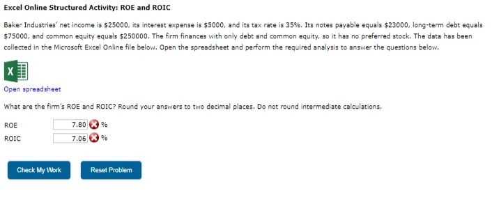  Excel Online Structured Activity: ROE and ROIC Baker Industries' net income