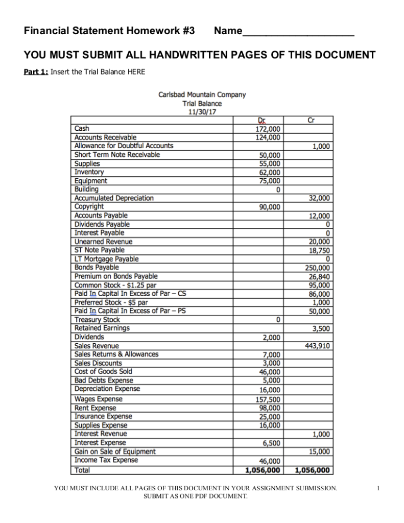  Financial Statement Homework #3 Name YOU MUST SUBMIT ALL HANDWRITTEN PAGES