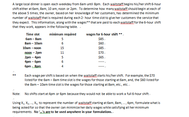 the objective function the constraint for the 6am 8am time slot