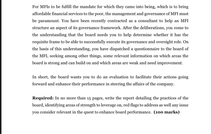  use the questionaire below to answer the question For MFIs to