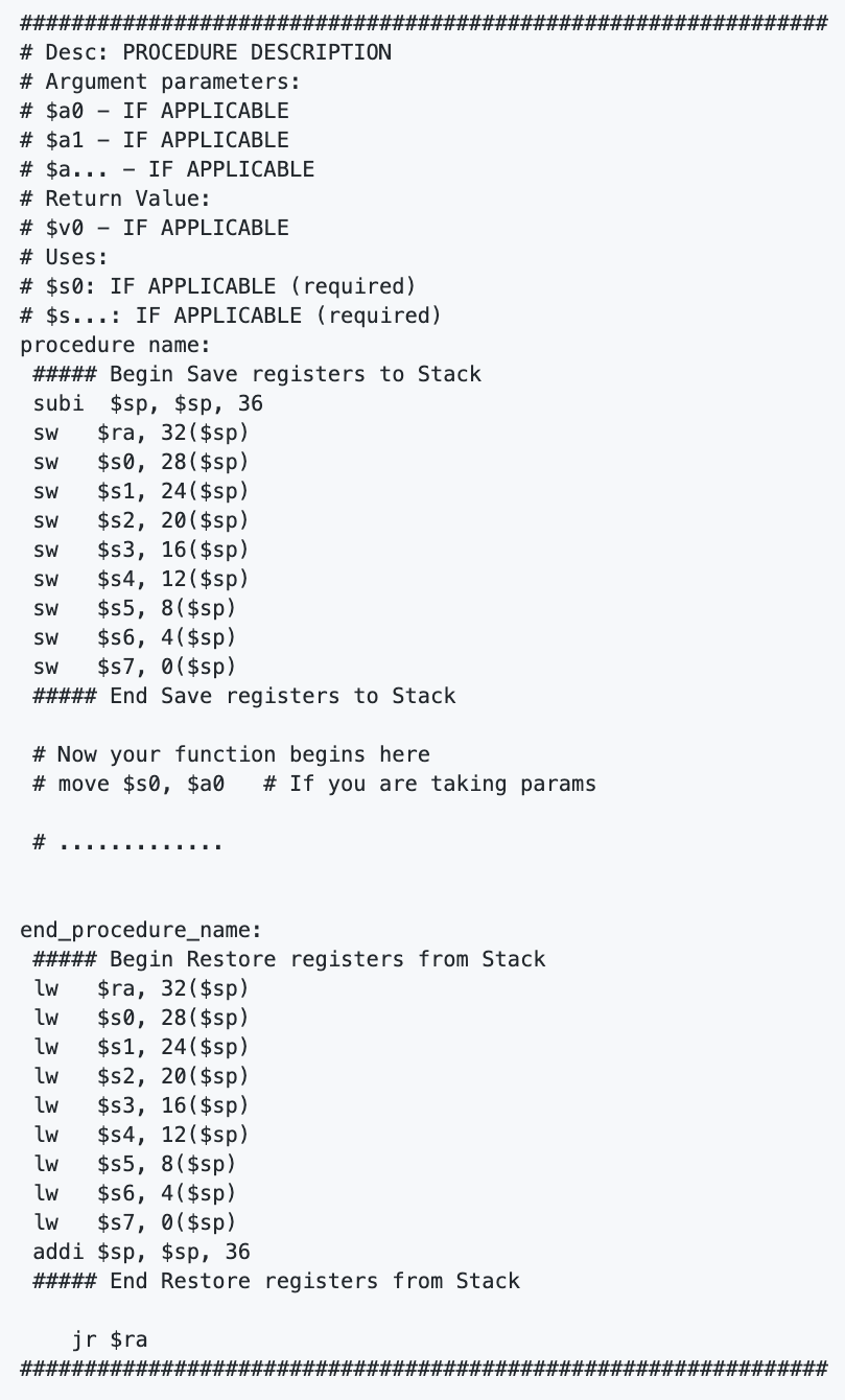 pointers (addresses) to the instructions instructions: .word 0x01095020, 0x1220002C, 0x3C011001, 0x24020004, 0x08100002