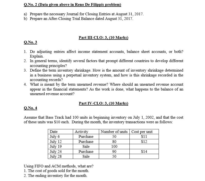  Q.No. 2 (Data given above in Reno De Filippis problem) a)