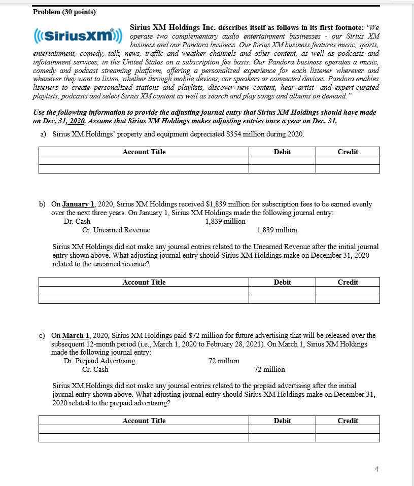 Problem (30 points) "We (((SiriusXm) operate two complementary audio entertainment businesses