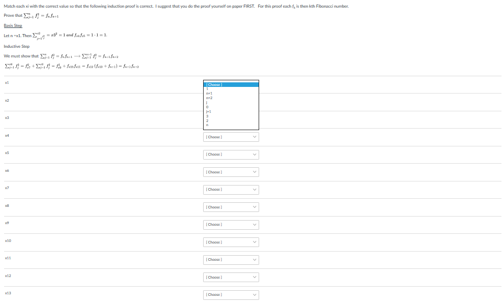 Match each xi with the correct value so that the following induction