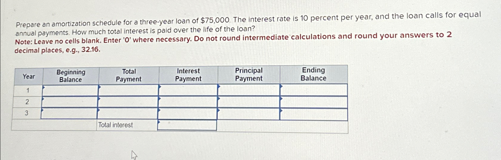  Prepare an amortization schedule for a three-year loan of $75,000. The