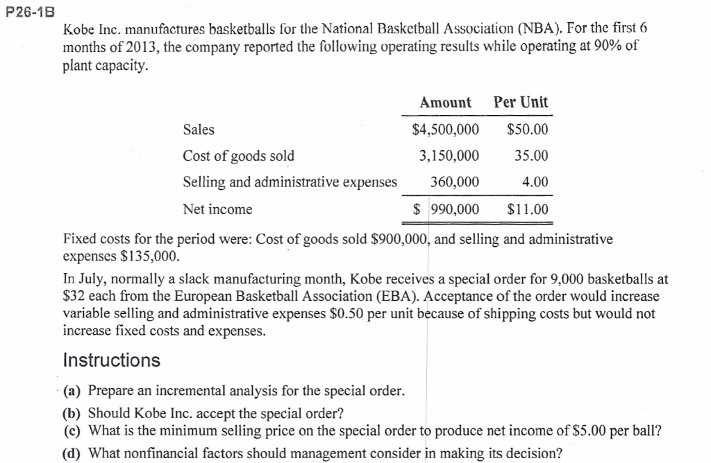 26-1B Answer a through d in excel format please P26-1B Kobe Inc.
