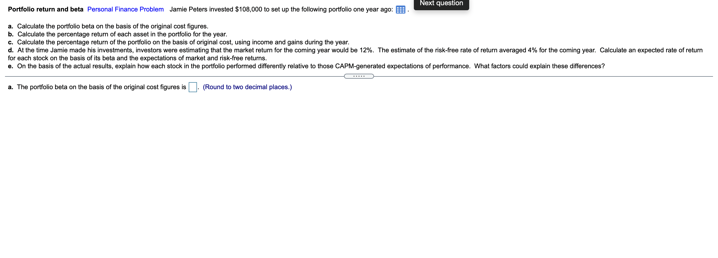  Next question Portfolio return and beta Personal Finance Problem Jamie Peters