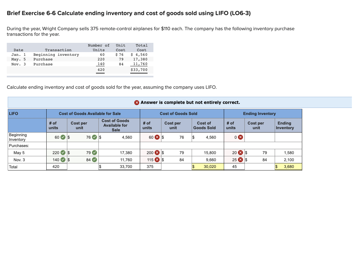  Brief Exercise 6-6 Calculate ending inventory and cost of goods sold