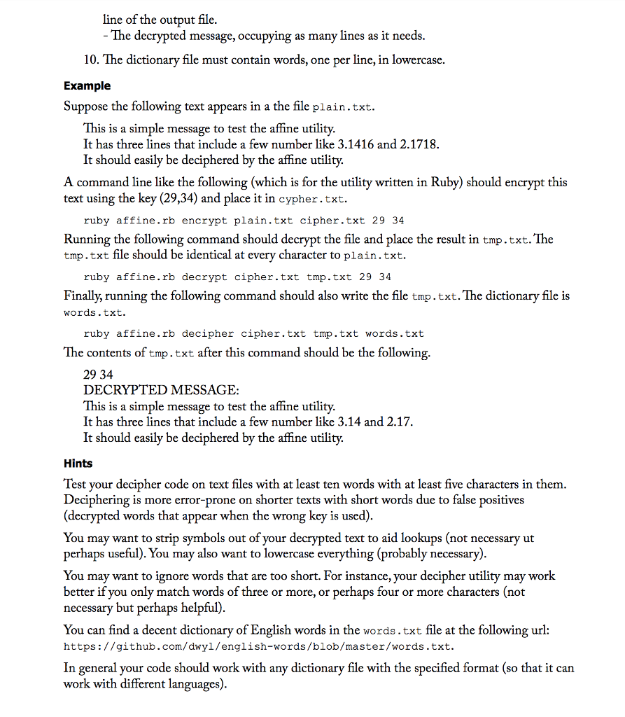 ASCII text documents using an affine cipher. An affine cipher is a