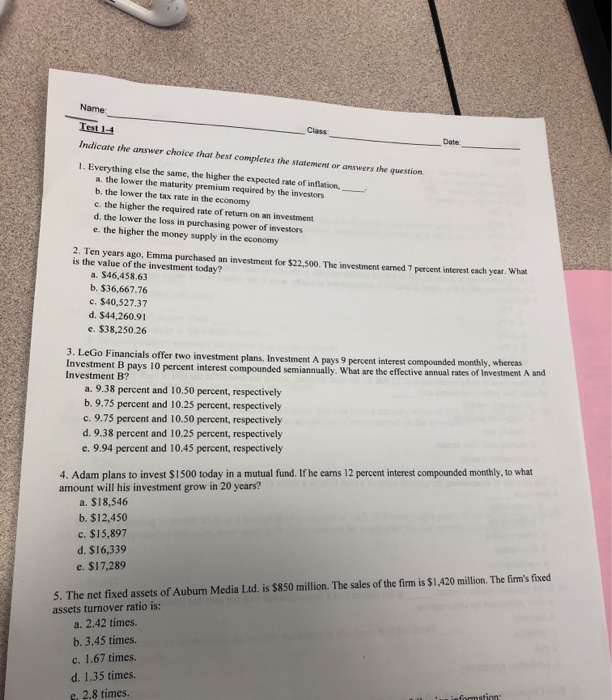  Date: Name Class Test 14 Indicate the answer choice that best