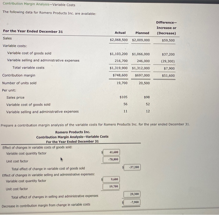  Contribution Margin Analysis-Variable Costs The following data for Romero Products Inc.