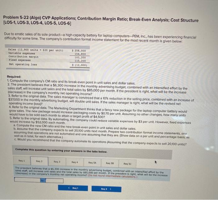 Problem 5-22 (Algo) CVP Applications; Contribution Margin Ratio; Break-Even Analysis; Cost