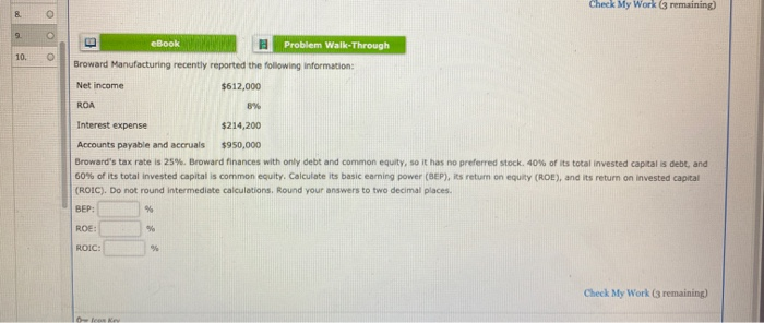  Check My Work (3 remaining) O O E 10. o eBook