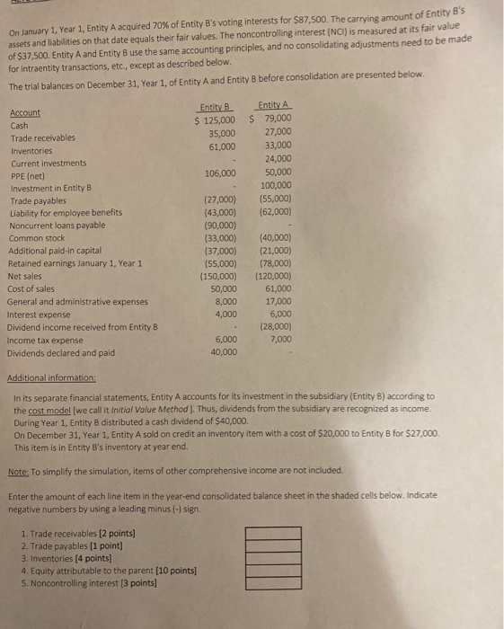  On January 1, Year 1, Entity A acquired 70 % of