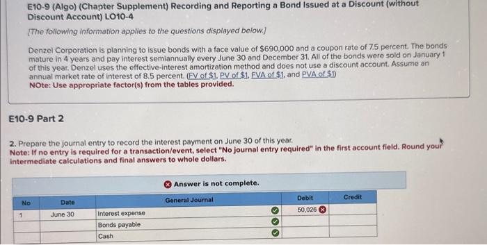  E10-9 (Algo) (Chapter Supplement) Recording and Reporting a Bond Issued at