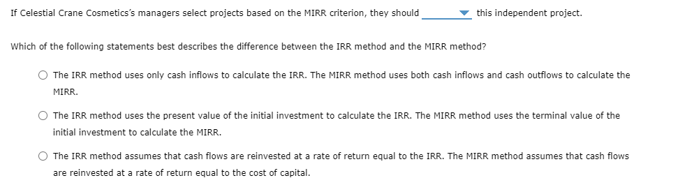 If Celestial Crane Cosmetics's managers select projects based on the MIRR