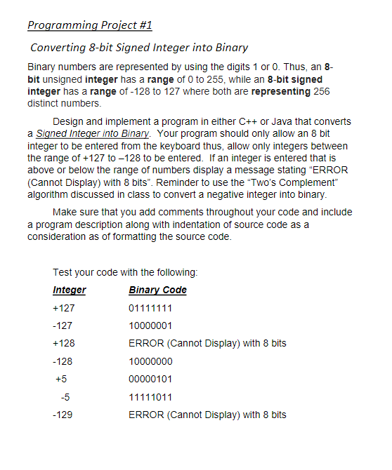  Programming Project #1(show work pls) Converting 8-bit Signed Integer into Binary