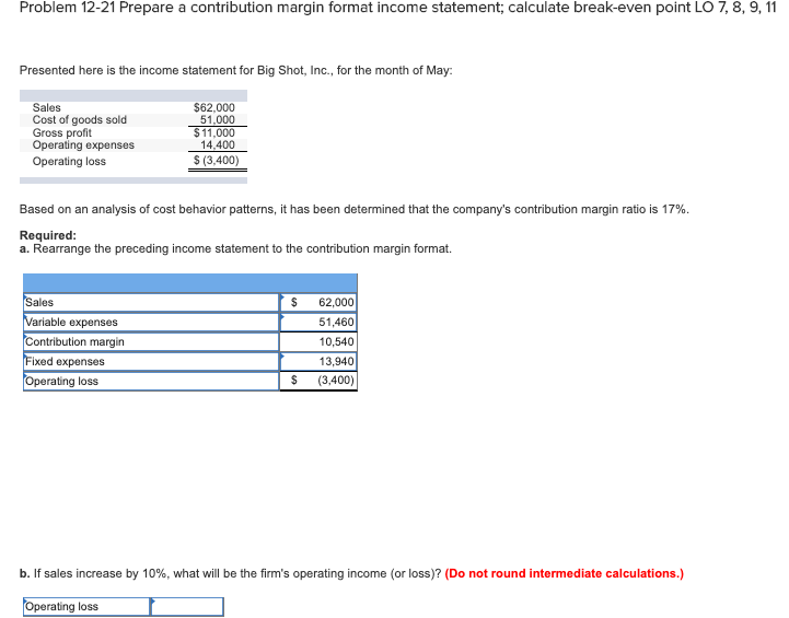  Problem 12-21 Prepare a contribution margin format income statement, calculate break-even