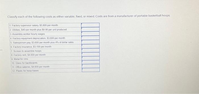  Classify each of the following costs as either variable, fixed, or