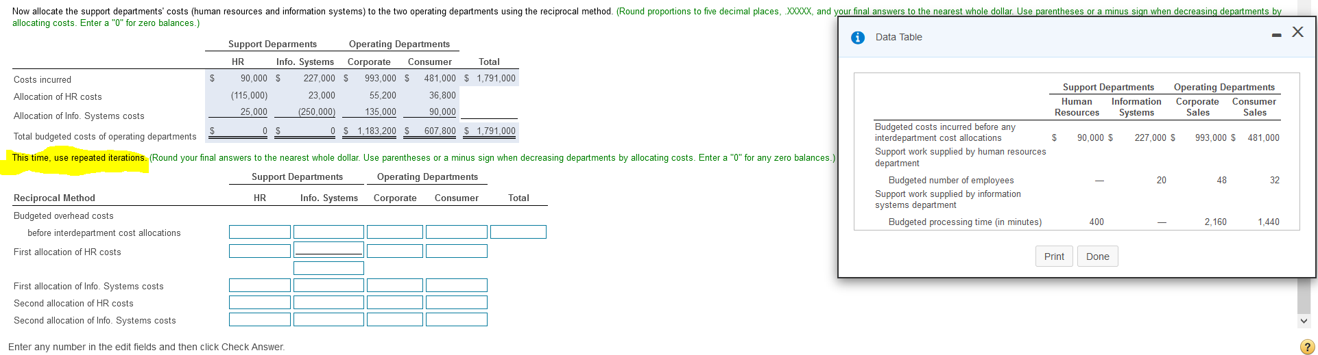 Allocate the costs using repeated iterations Now allocate the support departments' costs