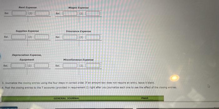 2. Record the accouint balsnces in the T accounts for bwner's ecuify,