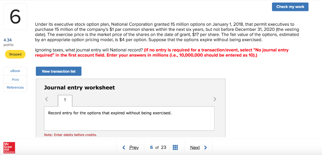  Check my work 6 Under its executive stock option plan, National