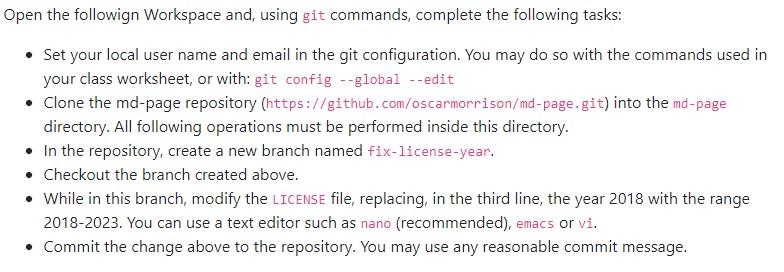  Open the followign Workspace and, using git commands, complete the following