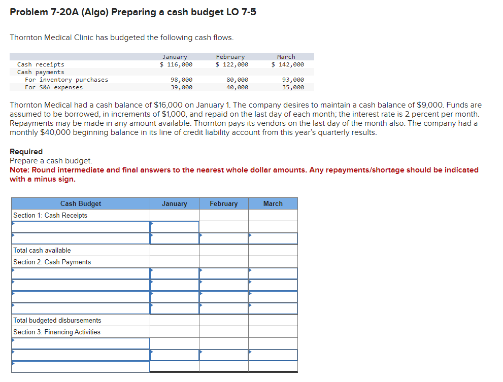 Problem 7-20A (Algo) Preparing a cash budget LO 7-5 Thornton Medical