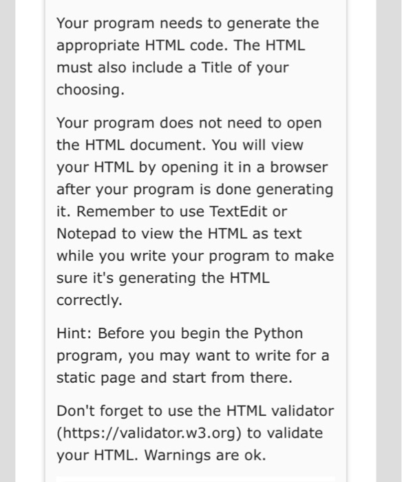 an HTML document. Create an .html file for output. (I called mine