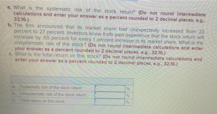 a stock. The current expected return on the stock is 10.5 percent