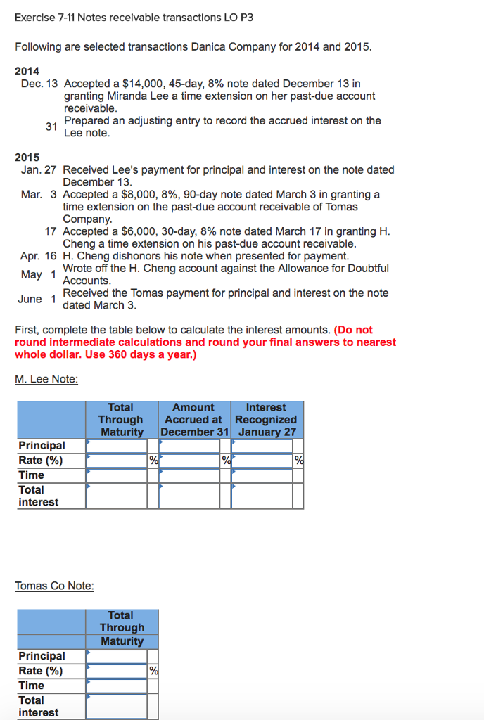 Exercise 7-11 Notes receivable transactions LO P3 Following are selected transactions