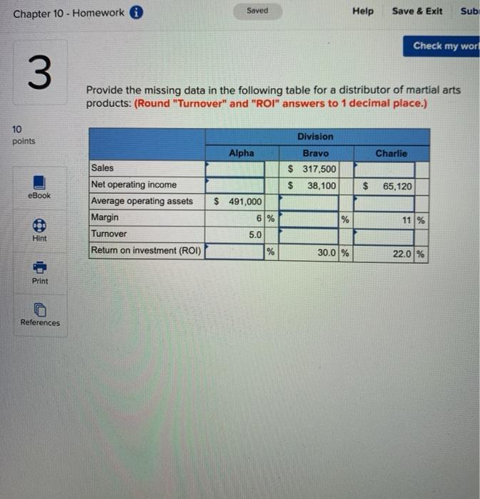  Saved Help Chapter 10 - Homework Sub Save & Exit Check