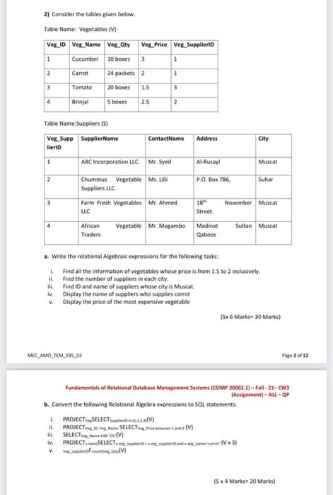 2 a all questions 2) Consider the tables given below. Table Name: