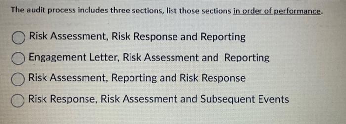  The audit process includes three sections, list those sections in order