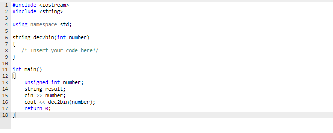 C++. Write a function to transform a decimal number into a binary