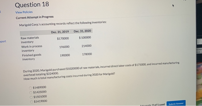  Question 18 View Policies Current Attempt in Progress Marigold Corp.'s accounting