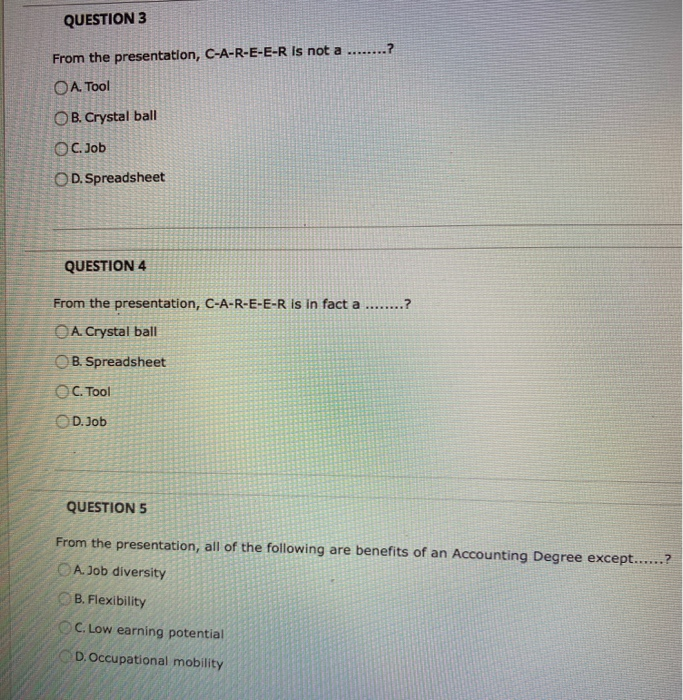 QUESTION 3 From the presentation, C-A-R-E-E-R is not a ........? O