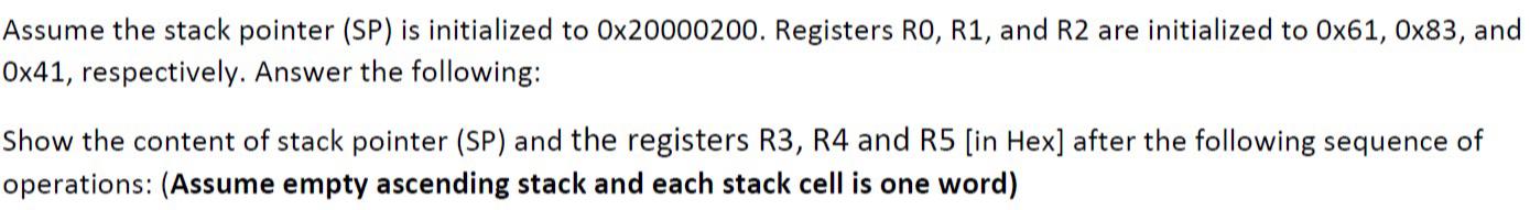  Assume the stack pointer (SP) is initialized to 020000200. Registers RO,