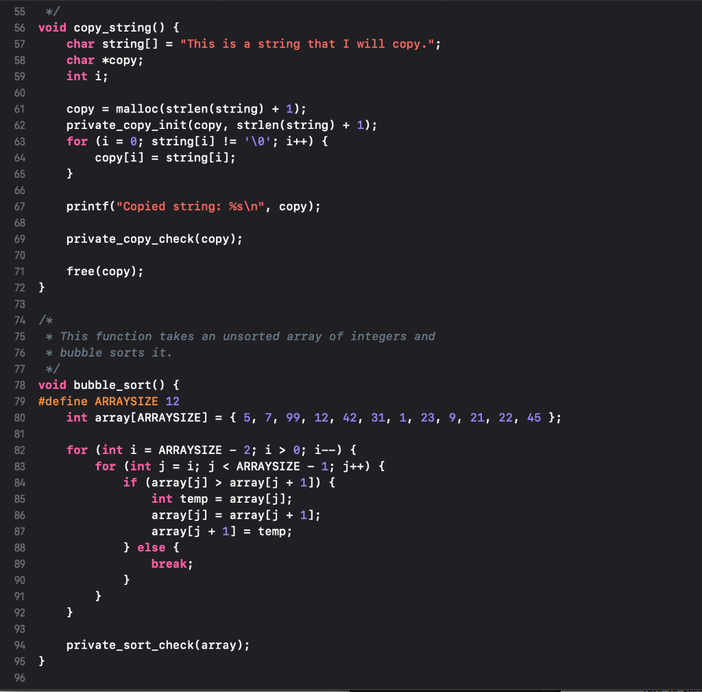 Find the errors please. 55 / 56 void copy_string) f 57