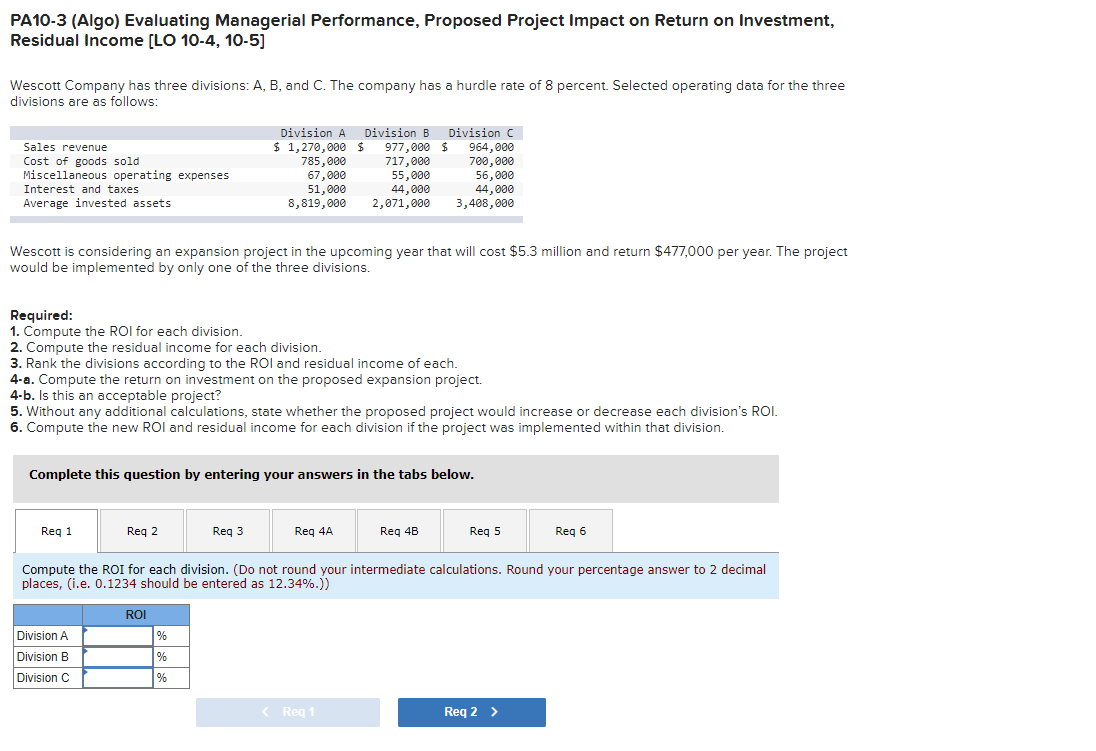  PA10-3 (Algo) Evaluating Managerial Performance, Proposed Project Impact on Return on