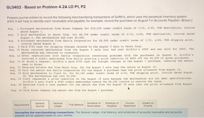  GL0402 - Based on Problem 4-2A LO P1, P2 Prepare journal