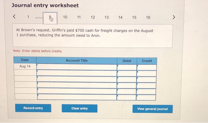 1/10, n/45, FOB shipping point, invoice dated August 8. Aug. 9 Paid