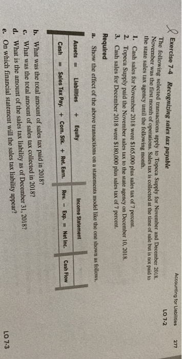  277 Accounting for Liabilities Exercise 7-4 Recognizing sales tax payable LO