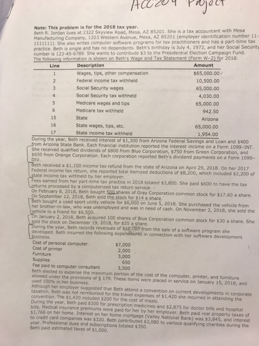  Note: This problem is for the 2018 tax year Beth R.