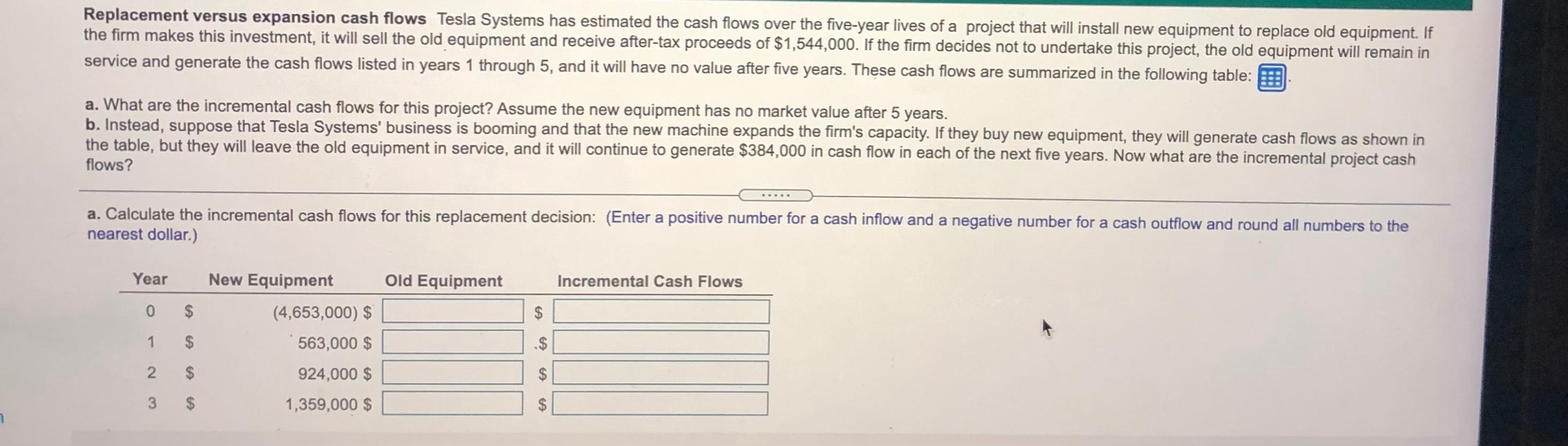 Replacement versus expansion cash flows Tesla Systems has estimated the cash