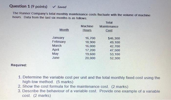  Question 1 (9 points) Saved The Runner Company's total monthly maintenance