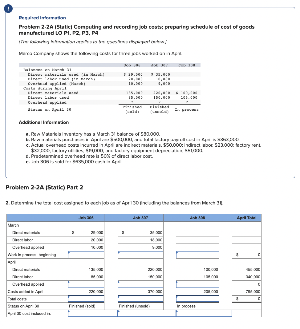  Required information Problem 2-2A (Static) Computing and recording job costs; preparing