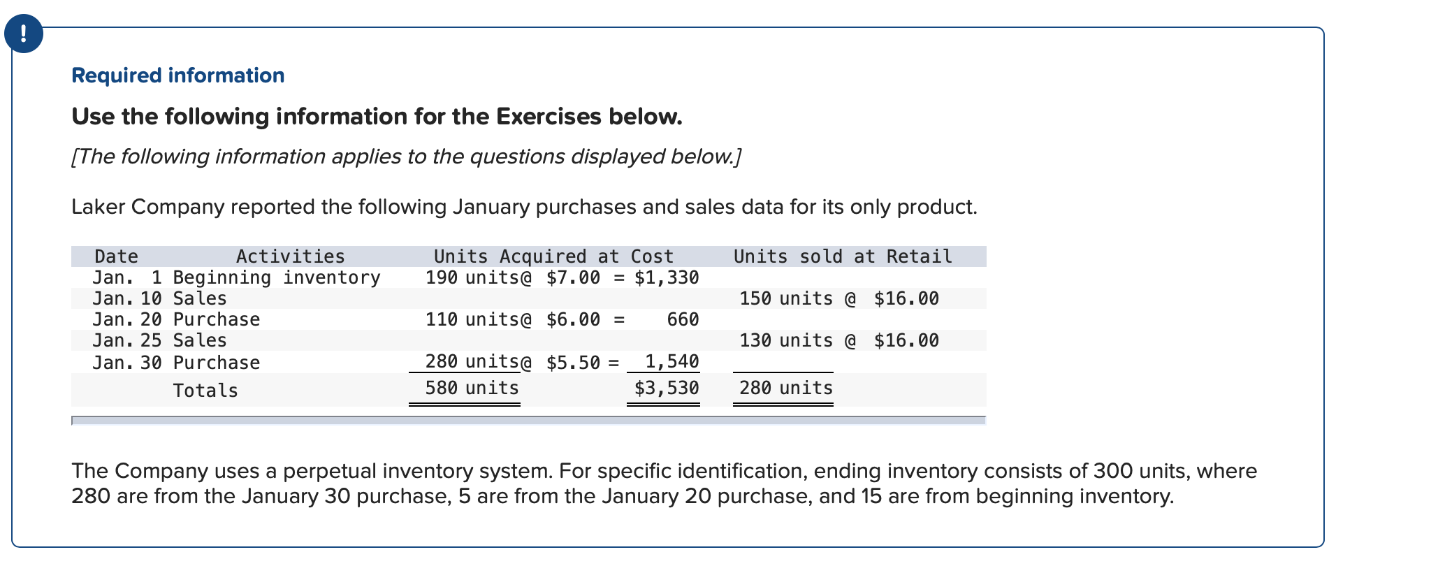  ! Required information Use the following information for the Exercises below.