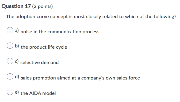 Question 17 (2 points) The adoption curve concept is most closely